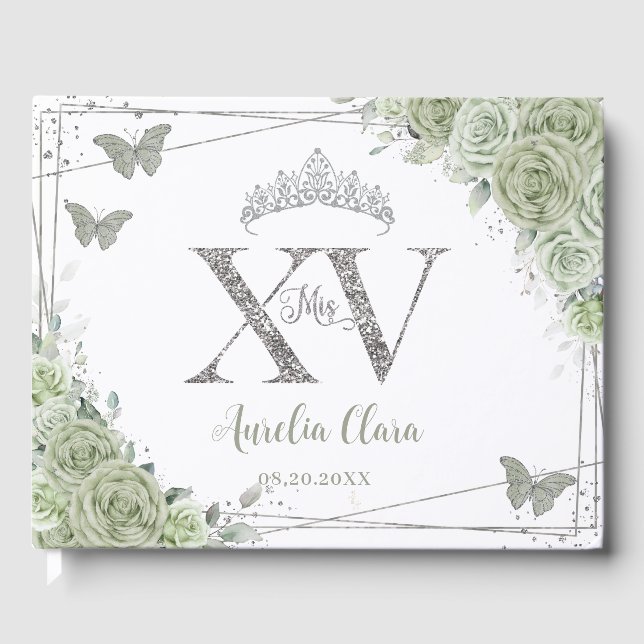 Livre D'or Papillons floraux vert Sage Silver Quinceañera (Recto)