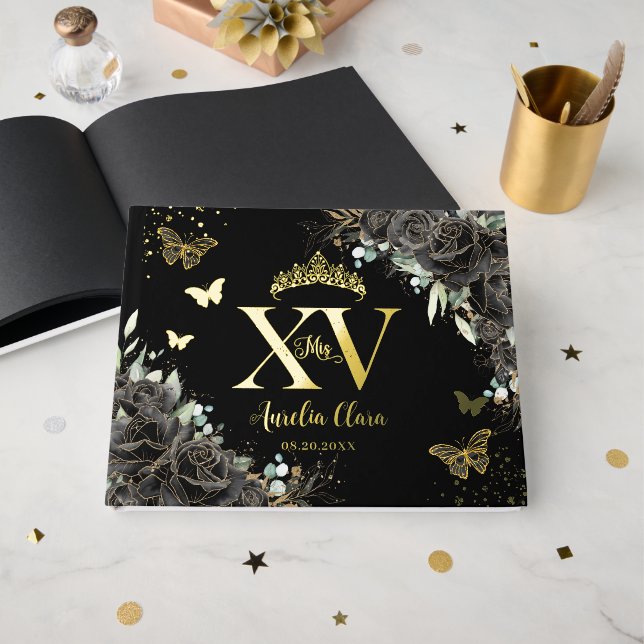 Livre D'or Papillons Rose noirs à fleurs Gold Quinceañera (Recto ouvert)