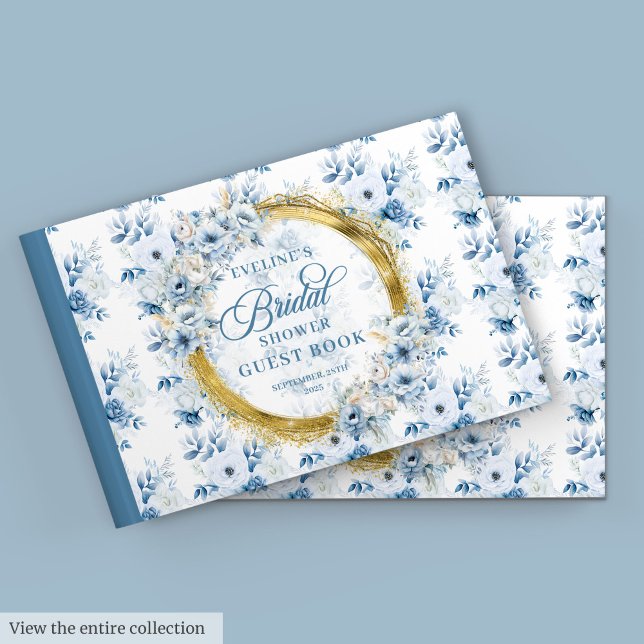 Livre D'or Parties scintillant en or bleu poudre Boho Fleurs  (Powder Blue Gold Glitter Boho Flowers Guest Book

)