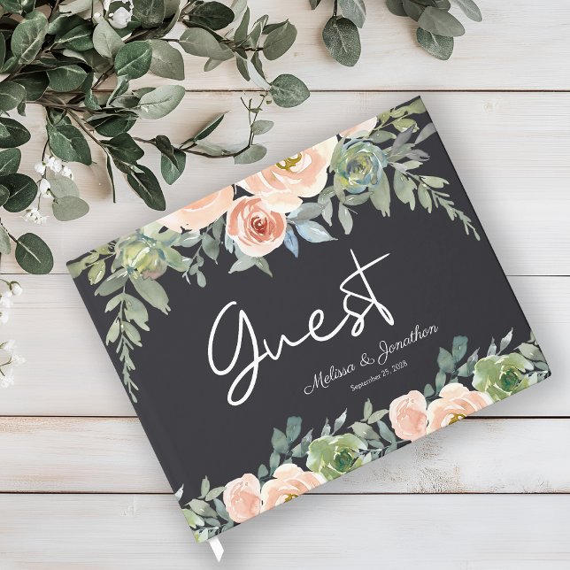 Livre D'or Pêche Green Navy Pastel Floral Mariage (Créateur téléchargé)