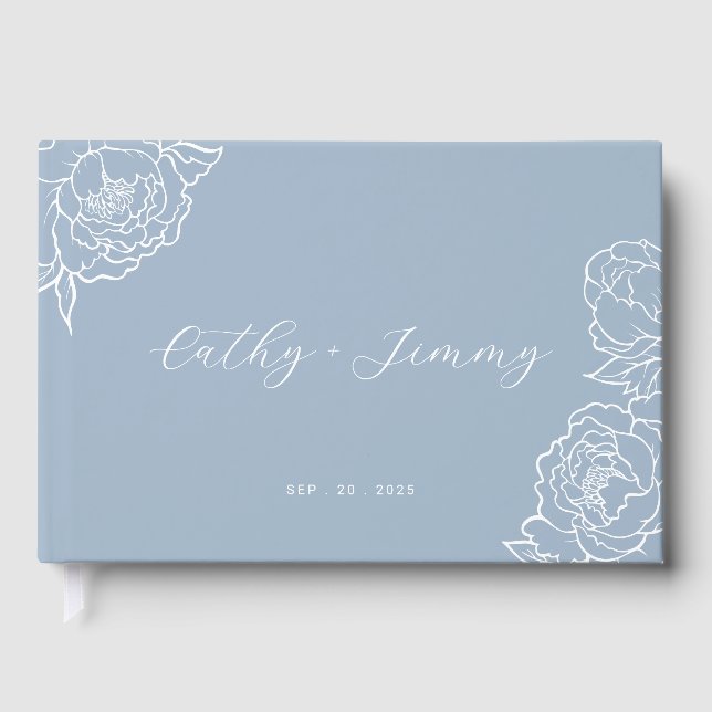 Livre D'or Peony Line Art Dusty Blue Mariage (Recto)