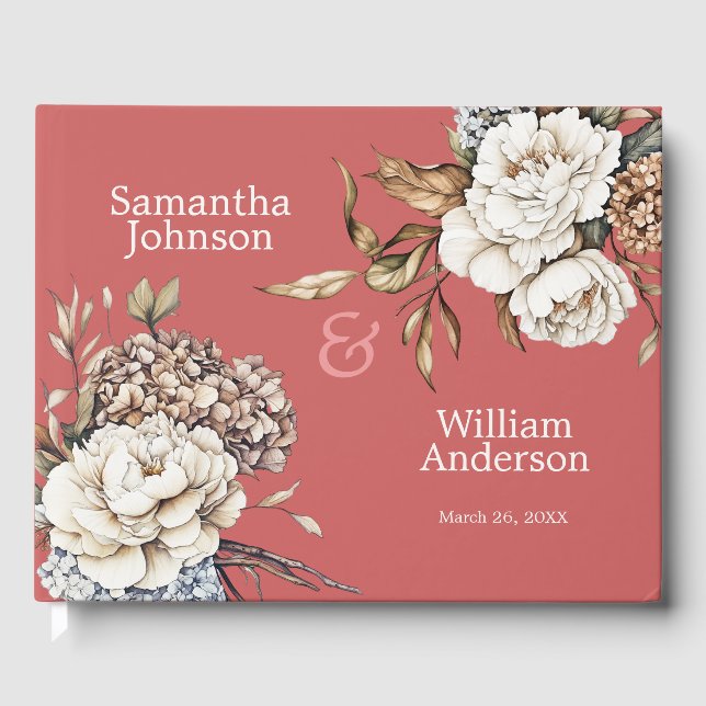 Livre D'or Peony moderne et Hydrangea Coral Mariage rose (Recto)