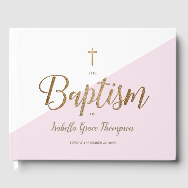 Livre D'or Personnalisé Elegant Pink or Croix Baptême bébé (Recto)