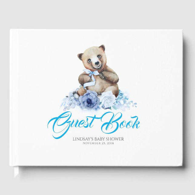 Livre D'or Petit Ours Baby shower Fleurs bleues mignonnes (Recto)
