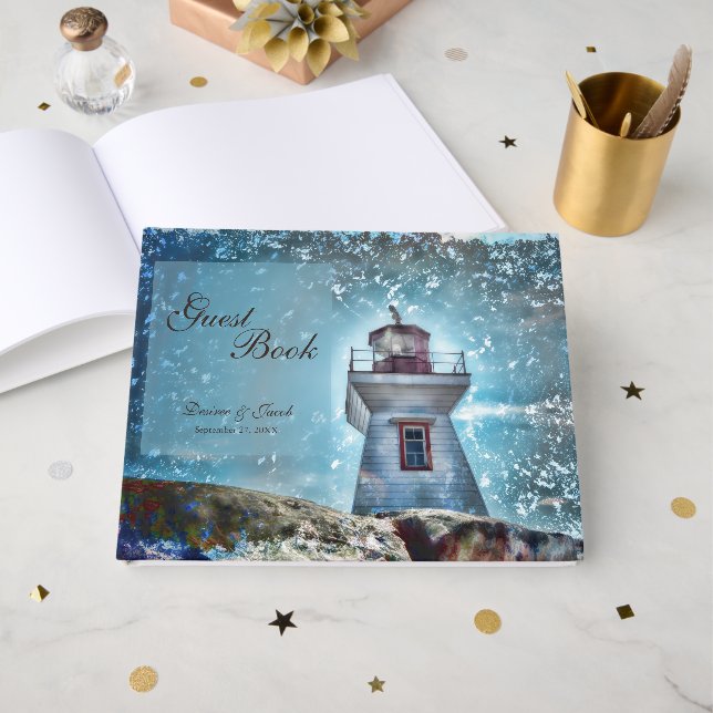 Livre D'or Phare Océan Bleu Naïutique Rustique Côté Mer (Recto ouvert)