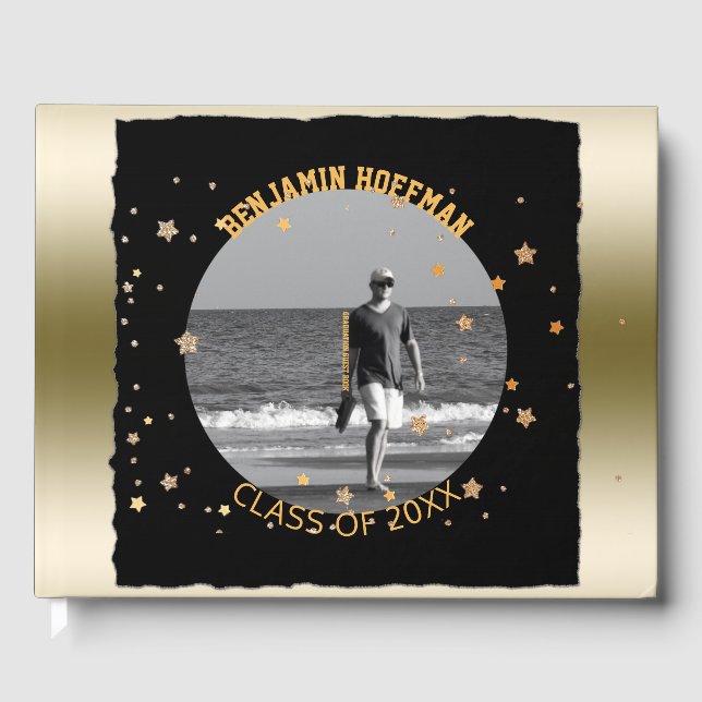 Livre D'or Photo personnalisée | Black Gold Stars Graduation  (Recto)
