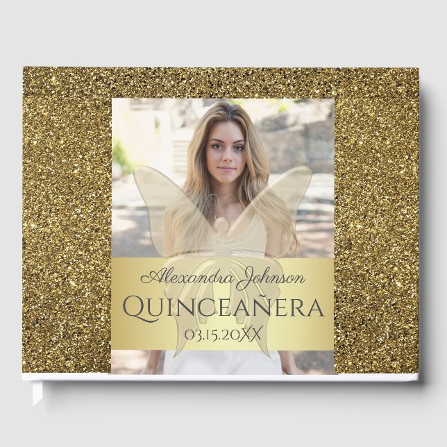 Livre D'or Photo Quinceanera Gold Parties scintillant (Recto)