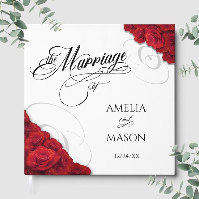 Livre D'or Photo Red Roses Calligraphy Script Square Wedding (Photo Red Roses Calligraphy Script Square Wedding Guest Book Front)