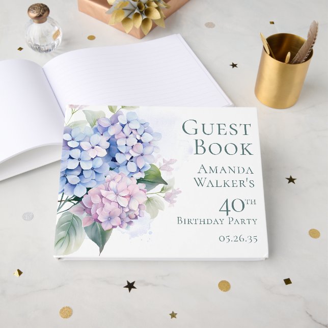 Livre D'or Pink Blue Hydrangeas 40th Birthday  (Recto ouvert)