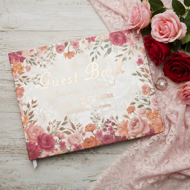Livre D'or Pink &Red Floral Spring Wedding (Flat lay pink red watercolor floral vintage spring garden foil wedding guest book )