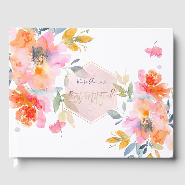 Livre D'or PixDezines Aquarelle Orange Rose Bat mitzvah (Recto)