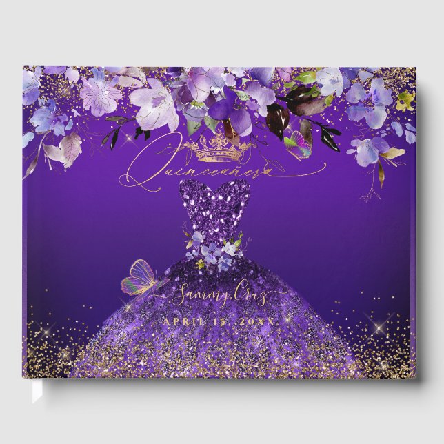 Livre D'or PixDezines Papillons Quinceanera, Violet foncé (Recto)