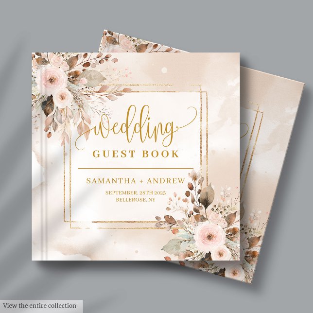 Livre D'or Poudre rose ivoire et or Boho Mariage d'automne (Powder Pink Ivory and Gold Boho Autumn Wedding Guest Book)