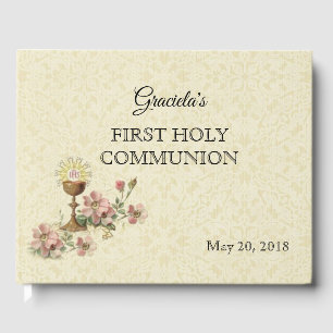 Livre D'or Première Sainte Communion Chalice Hôte Fleurs Rose