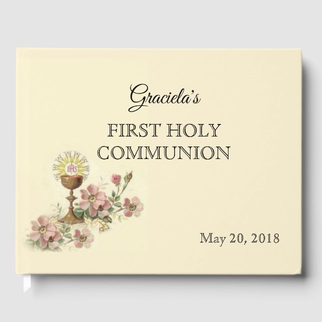 Livre D'or Première Sainte Communion Chalice Hôte Fleurs Rose (Recto)