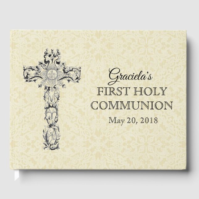 Livre D'or Première Sainte Communion Ecru Lace Cross Hôte (Recto)