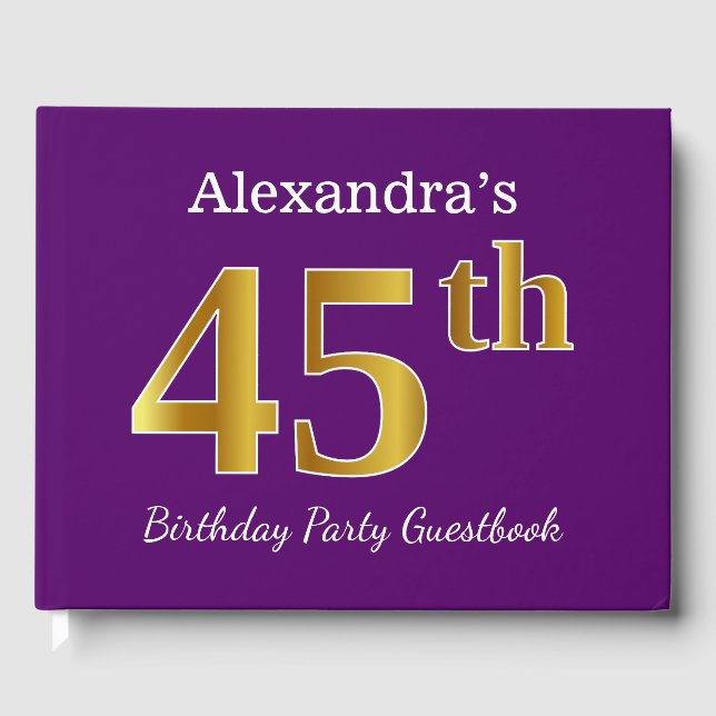 Livre D'or Purple, Faux Gold 45th Birthday Party; Nom personn (Recto)