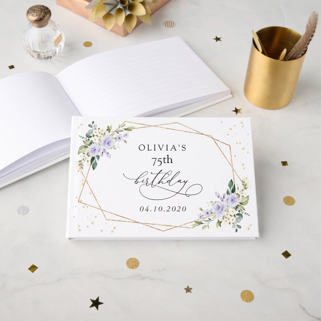 Livre D'or Purple Flowers, White Flowers, Greenery, Birthday (Recto ouvert)