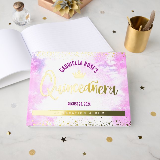 Livre D'or Quinceañera Aquarelle rose Couronne Véritable Acie (Recto ouvert)