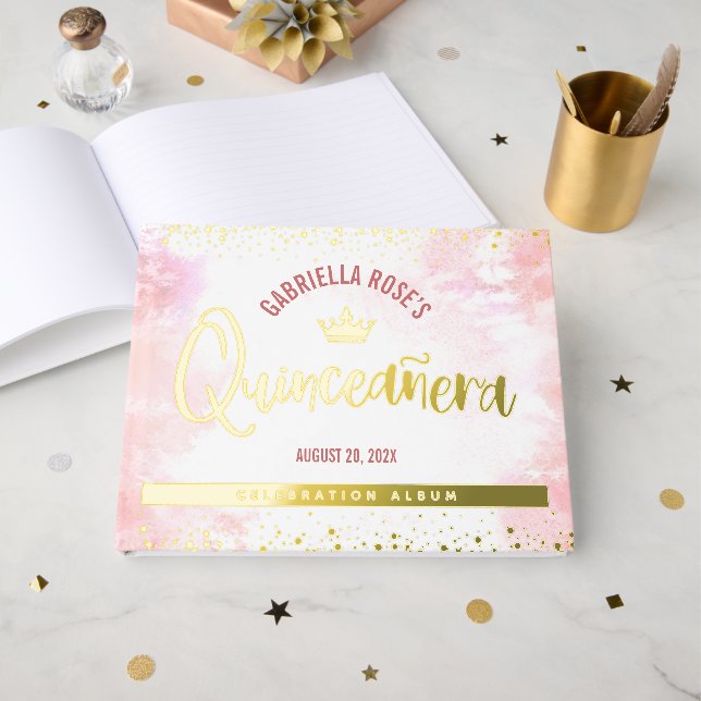 Livre D'or Quinceañera Blush Pink Crown Script Real Gold Foil (Recto ouvert)