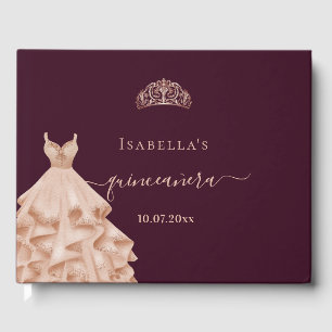 Livre D'or Quinceanera Bourgogne rose or robe tiara nom