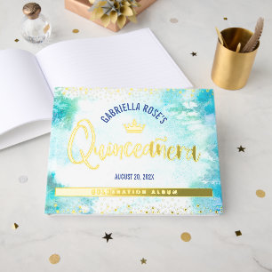 Livre D'or Quinceañera Couronne Turquoise Script Real Gold Fo