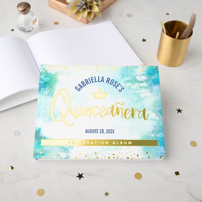 Livre D'or Quinceañera Couronne Turquoise Script Real Gold Fo (Recto ouvert)