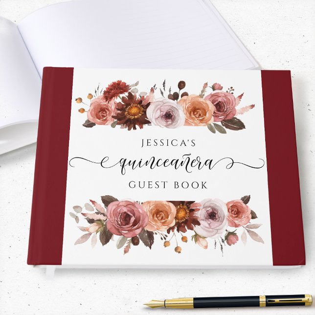 Livre D'or Quinceañera Elegant Bourgogne et floral (Créateur téléchargé)