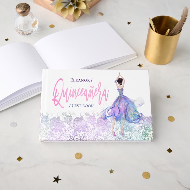 Livre D'or Quinceanera glamour Fille dansante rose Nom Date (Recto ouvert)
