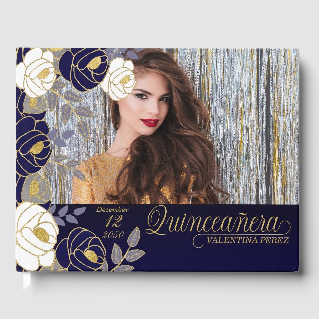 Livre D'or Quinceanera Marine Bleu Floral Botanique (Recto)