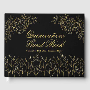 Livre D'or Quinceanera Noir et Or Élégant Sketched Floral