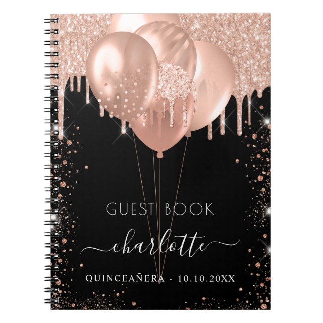 Livre d'or Quinceanera rose noir ballons d'or (Devant)