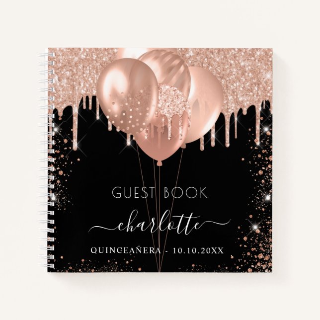 Livre d'or Quinceanera rose noir ballons d'or (Devant)