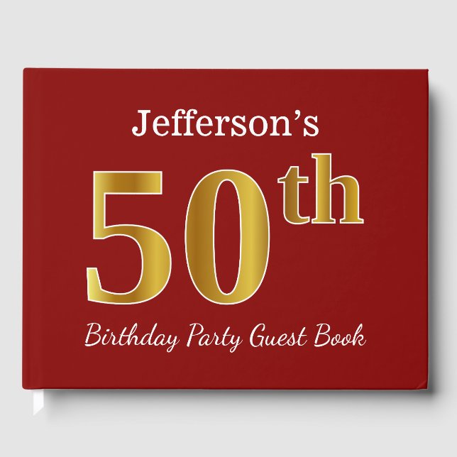Livre D'or Red, Faux Gold 50th Birthday Party + Nom personnal (Recto)
