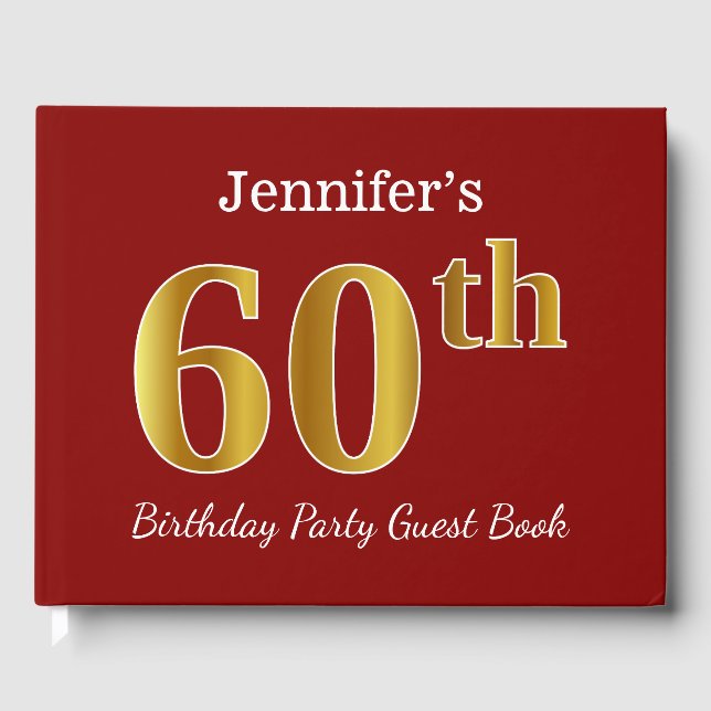 Livre D'or Red, Faux Gold 60th Birthday Party + Nom personnal (Recto)