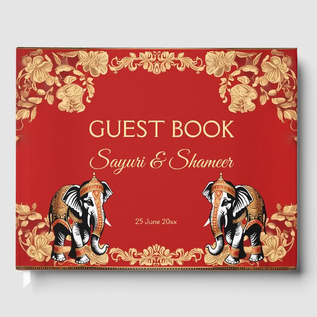 Livre D'or Red gold elephants Indian wedding personalized (Recto)
