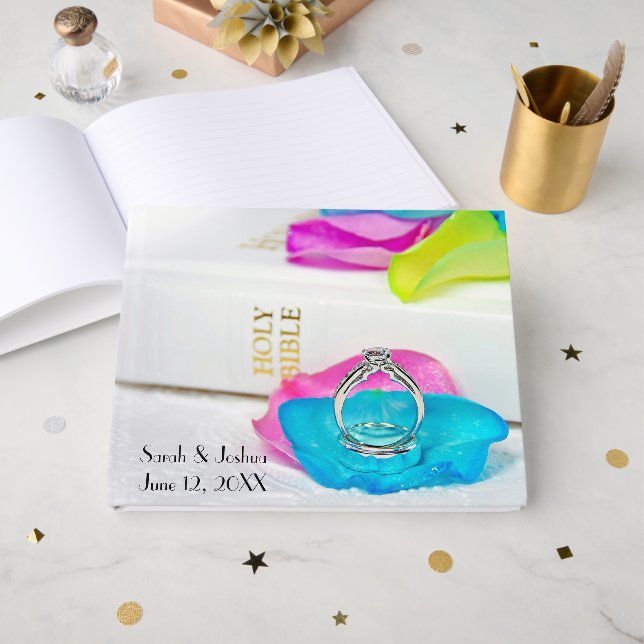 Livre D'or Rings On Rainbow Rose Petal with Bible (Recto ouvert)