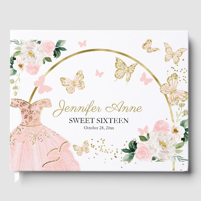 Livre D'or Robe Douce 16 Papillon Bleu Fleurs Roses Roses (Recto)