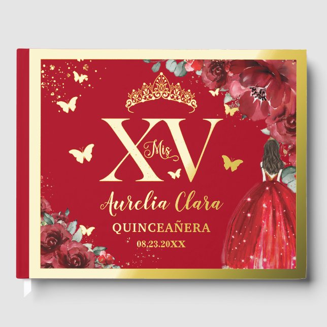 Livre D'or Robe princesse Florale Rouge Quinceañera Quince Or (Recto)