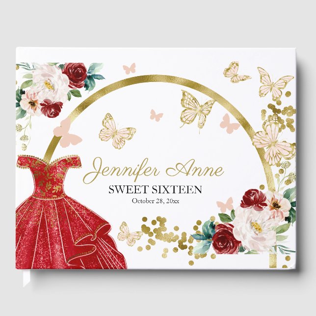 Livre D'or Robe rouge Sweet 16 Papillon Fleurs Robe rouge (Recto)