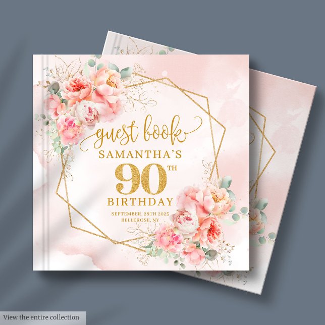 Livre D'or Romantique Pastel Pink Gold Peonies 90e anniversai (Romantic Pastel Pink Gold Peonies 90th Birthday Guest Book)