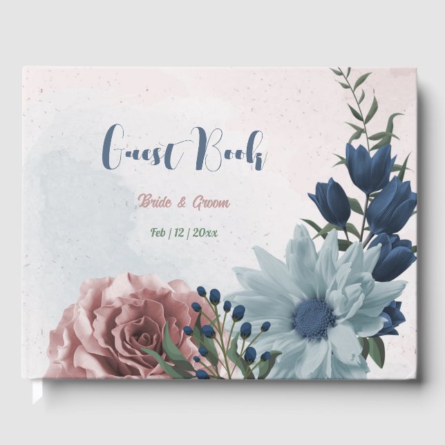 Livre D'or Romantique rose bleu fleurs verdure mariage (Recto)