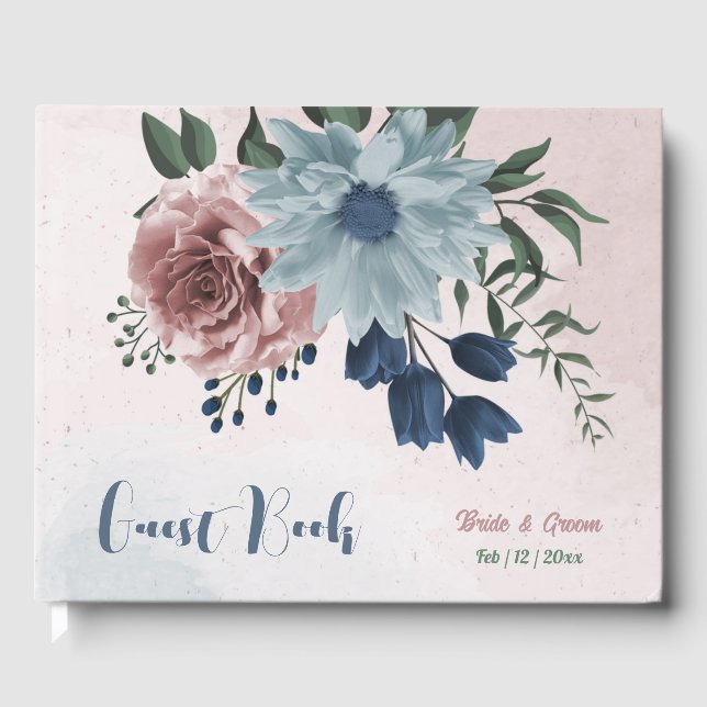 Livre D'or Romantique rose bleu fleurs verdure mariage (Recto)