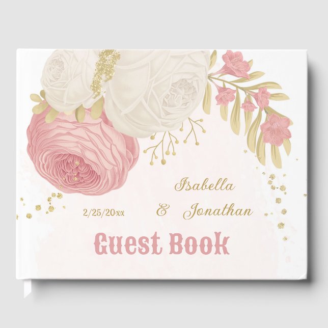 Livre D'or Romantique rose & fleurs blanches or mariage (Recto)
