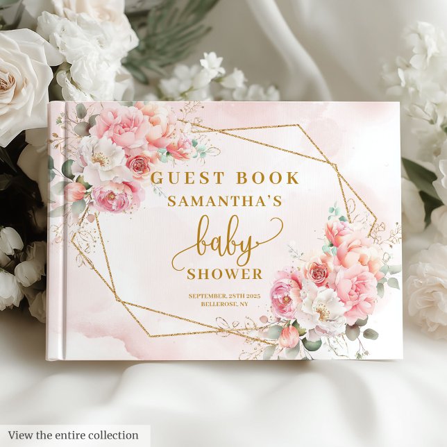 Livre D'or Romantique sauge rose rousse pies baby shower or (Romantic blush pink sage peonies gold baby shower Guest Book)