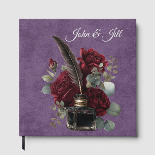 Livre D'or Rose Bourgogne Vintage et encrier avec fleurs