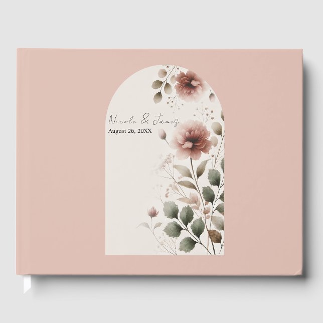 Livre D'or Rose du désert Rose & Vert Floral Mariage (Recto)