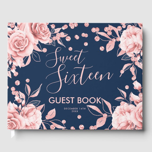 Livre d'or Rose Gold Navy Sweet 16 Parties scintil (Recto)
