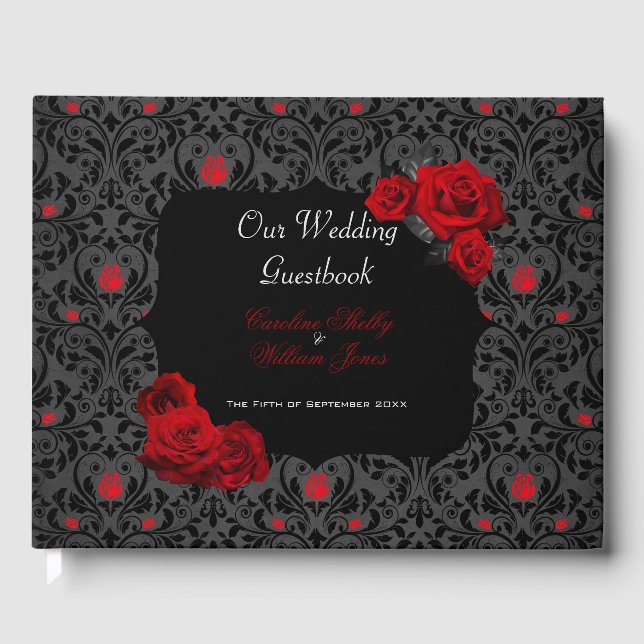 Livre D'or Rose gothique Faire-part de mariage noir et rouge (Recto)