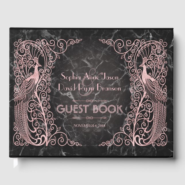 Livre D'or Rose Marbre d'or Art Déco Peacocks Mariage (Recto)